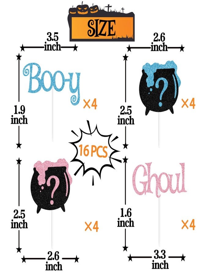 PYBHILK 16 PCS Glitter Boo-y or Ghoul Cupcake Topper, Witch's Cauldron Pink or Blue Décor, Halloween Ghoul Ghost Gender Reveal Baby Shower Party Decorations Supplies - Image 2